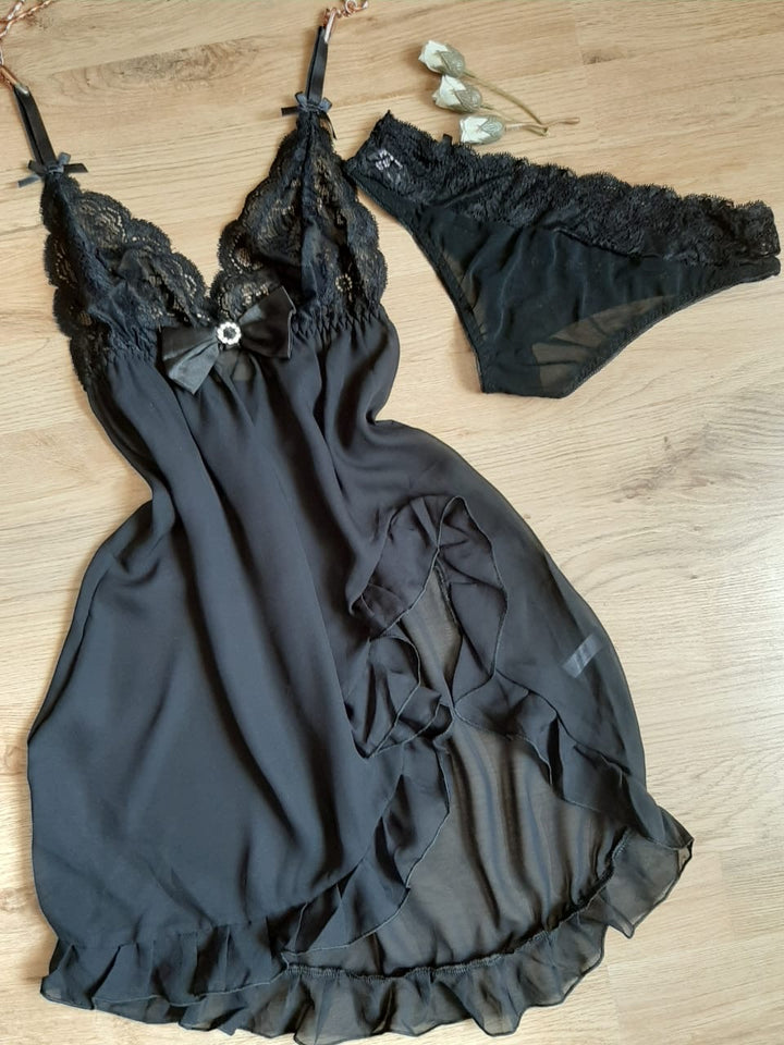 Nuisette en mousseline et dentelle