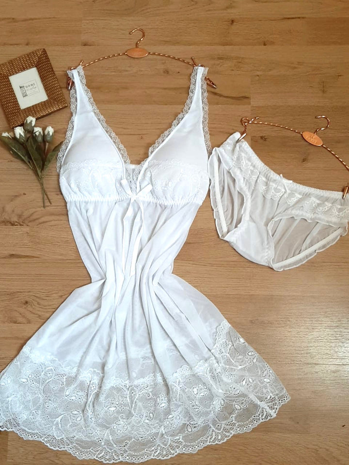 Nuisette 2 pièces en tulle et dentelle